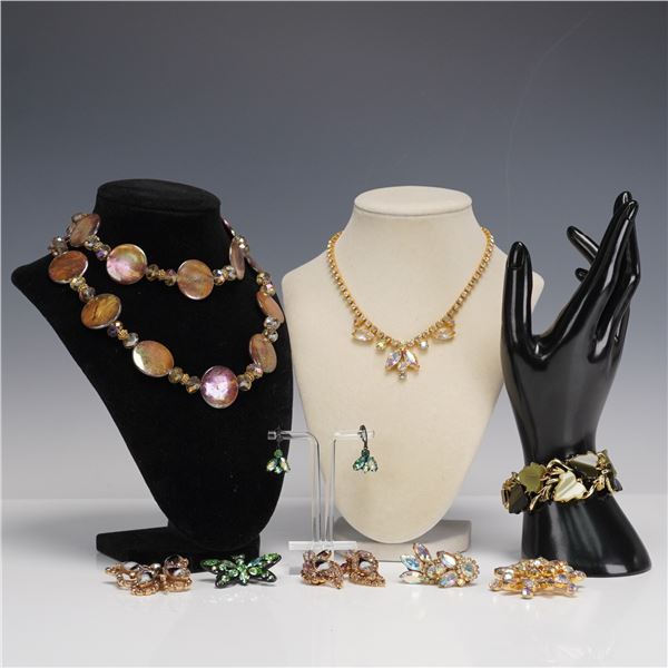 12pc Rhinestone Costume Jewelry Group - Wrap Necklace, Brooch Sets & More
