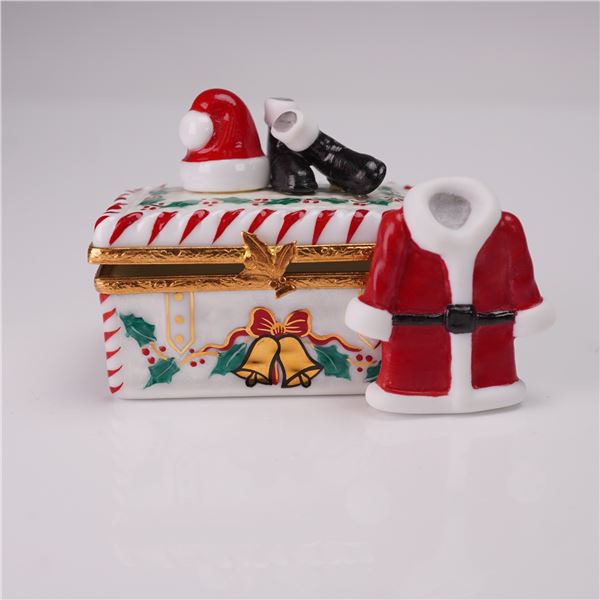 Limoges Porcelain Trinket Box, Santa Suit with Accessories
