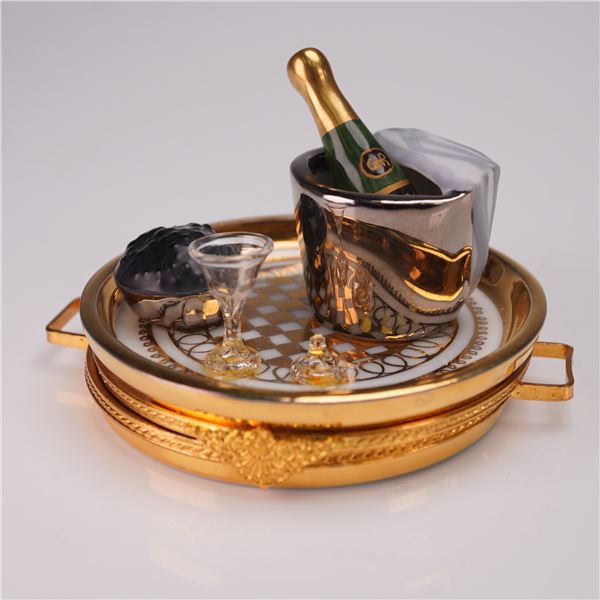 GR Limoges Porcelain Trinket Box, Champagne and Caviar Tray