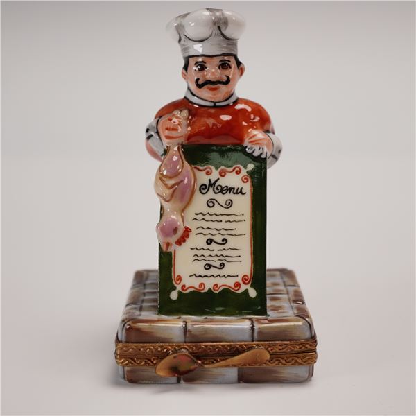 Sinclair Limoges Hand Painted Treasure Box, France Chef with Menu