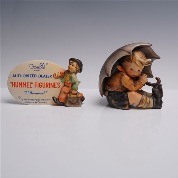 2pc Goebel Hummel Figurines, Boy with Umbrella + Plaque