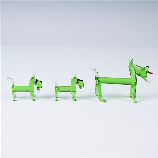 3pc Hand-Blown Green Art Glass Dog Figurines