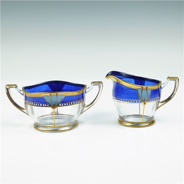2pc Hand Painted Art Deco Glass Sugar and Creamer