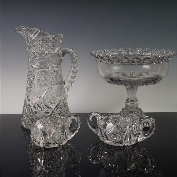 4pc Cut Glass Tableware, Pitcher, Compote, Sugar, Creamer