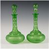 Image 1 : Pair of Apple Green Etched and Cut Glass Decanters with Stoppers