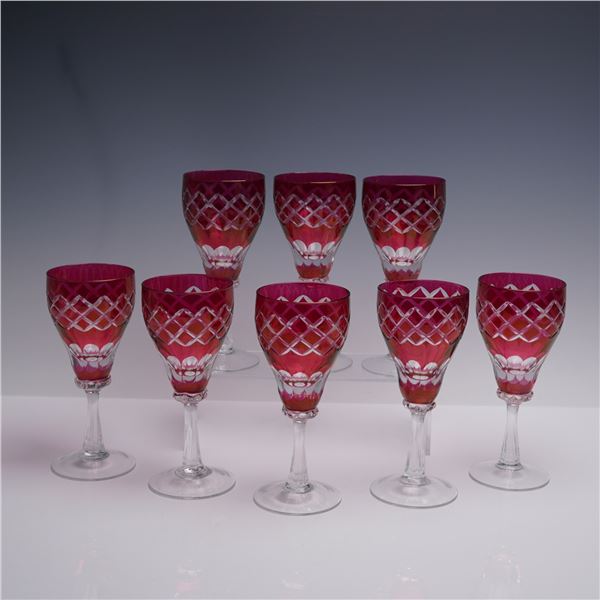 8pc Clear Cranberry Cut Wine Glasses