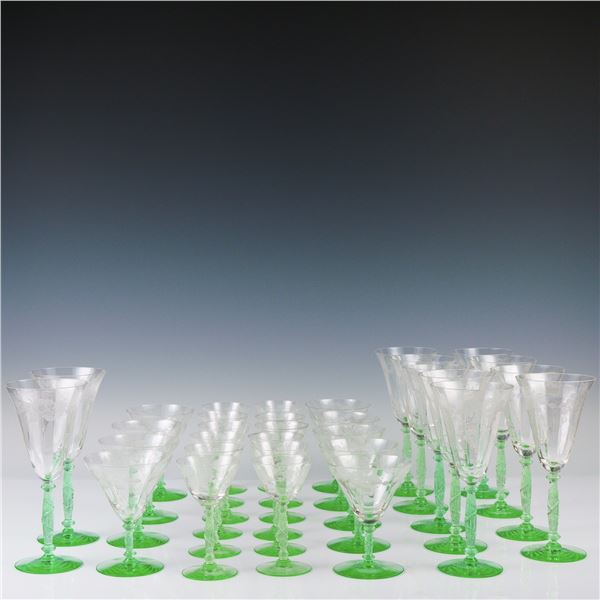 32pc Green Stem Etched Crystal Glasses