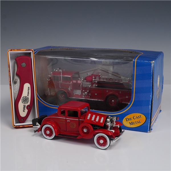 3pc Fire Fighter Theme Die Cast Metal Model Cars and Folding Knife