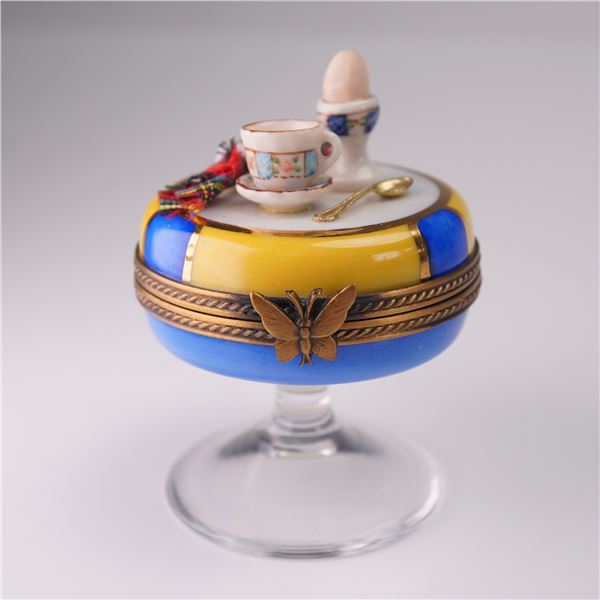 Eximious Limoges Porcelain Trinket Box, Breakfast Setting on Pedestal