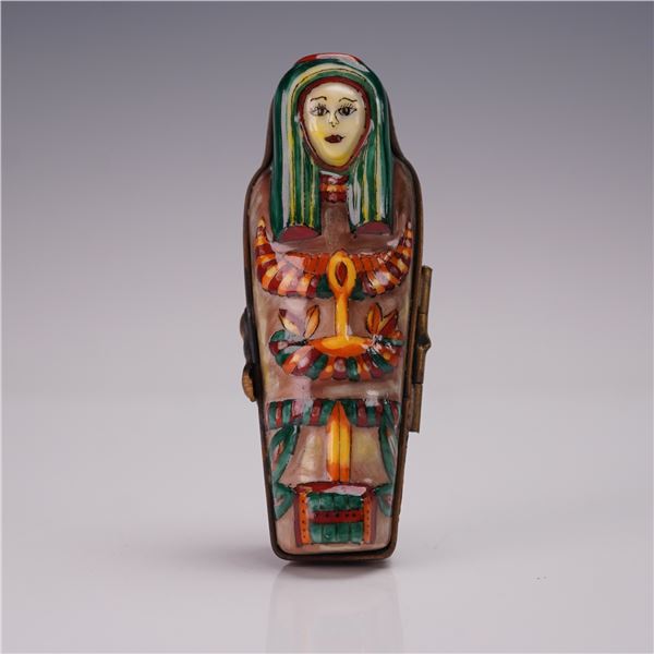 Limoges Porcelain Trinket Box, Egyptian Sarcophagus with Mummy