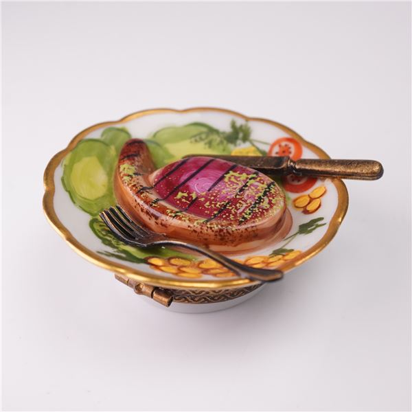 Limoges Porcelain Trinket Box, Steak Dinner