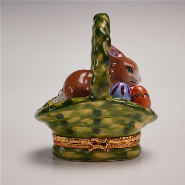 Rochard Limoges Porcelain Box, Rabbit in Basket