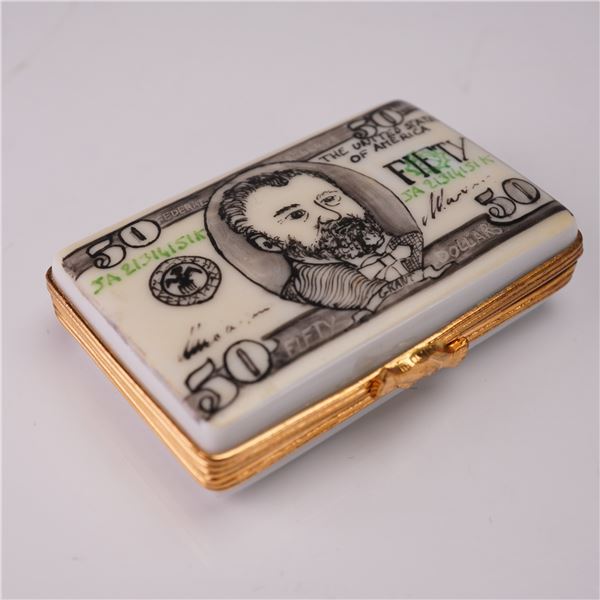 Sinclair Limoges Porcelain Trinket Box, Fifty Dollar Bill