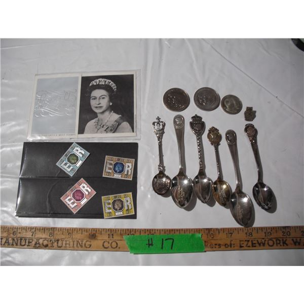 British royal family stamp, coins, spoons