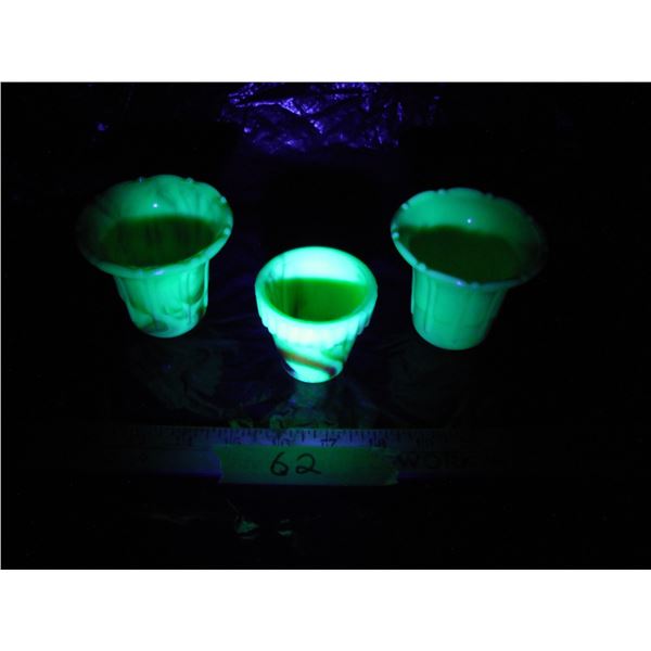 3 uranium glass akro agate small bowls ( diameter top 2.5 + 3.5 in )