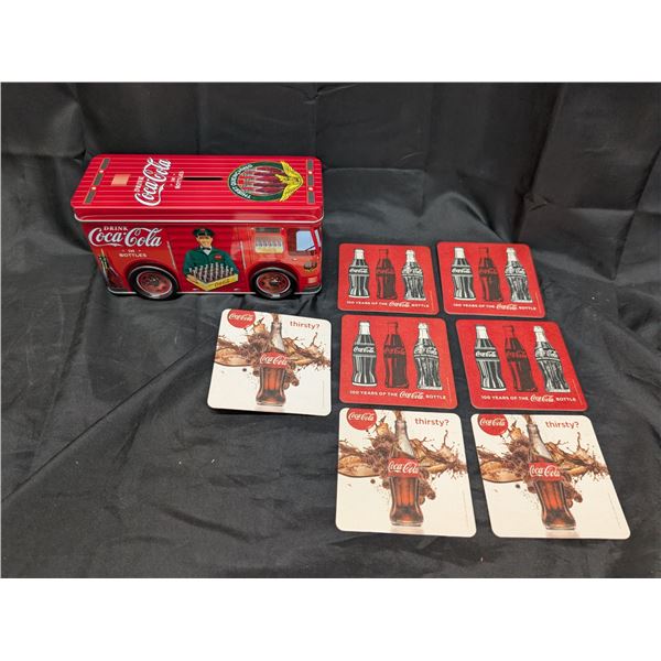 Coca-Cola 2014 Tin Money Bank w/ Coca-Cola Coasters  "100 Years Celebration"