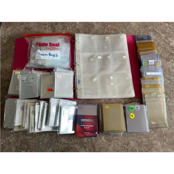 Card Collectors package of top loaders, cards sleeves, team bags and binder pages in binder. Many wi