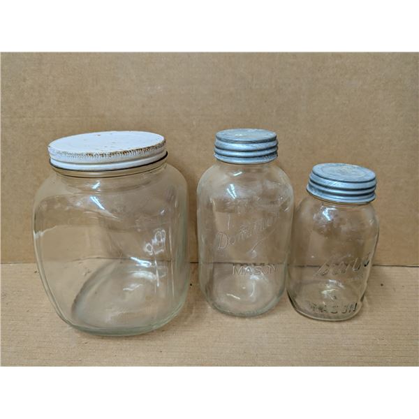 (2) Vintage Dominion Mason Jars and (1) Vintage Larger Jar