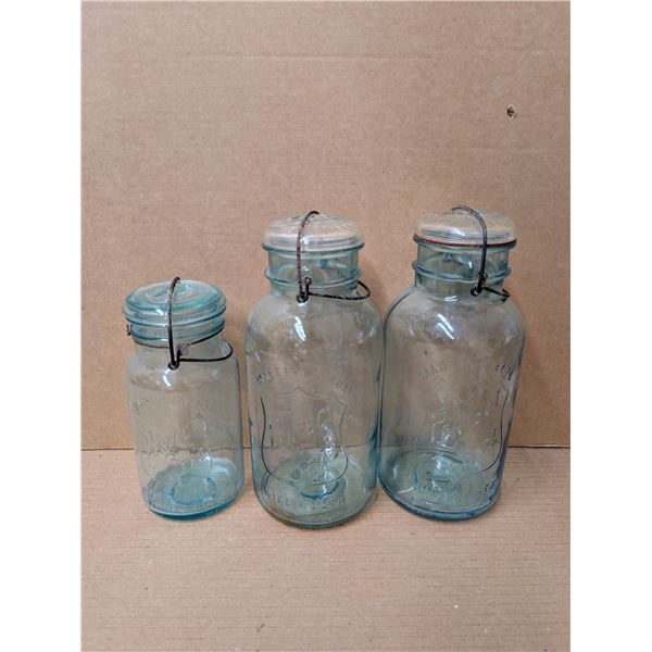 (3) Vintage Blue Glass "Perfect Seal" Made in Canada Wide Mouth Jars