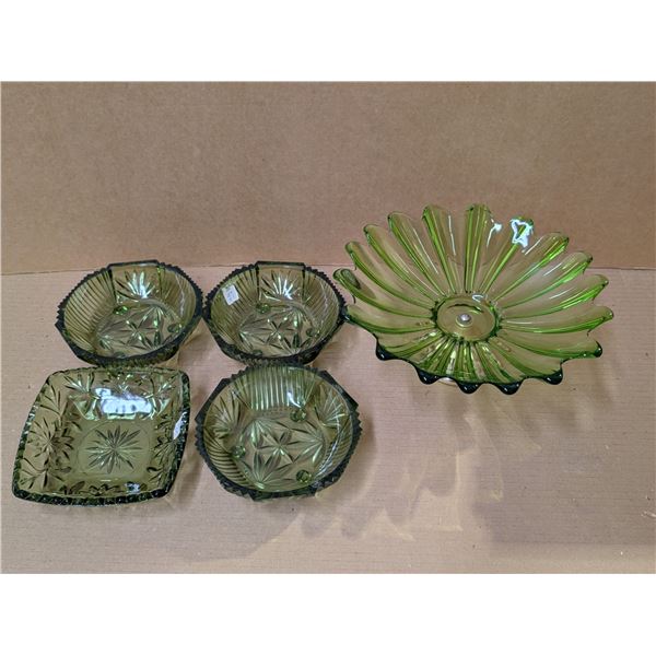 (4) Vintage Green Glass Bowls Art Deco Period and (1) Floral Glass Pedestal