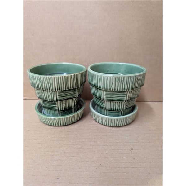 (2) Vintage McCoy Pottery Green Basket Weave Flower Pots