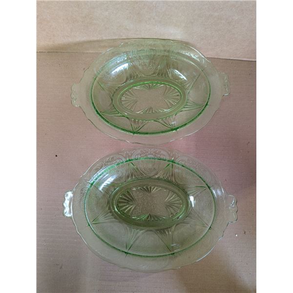 (2) Vintage Hazel Atlas Royal Lace Green Depression Glass Oval serving Platters