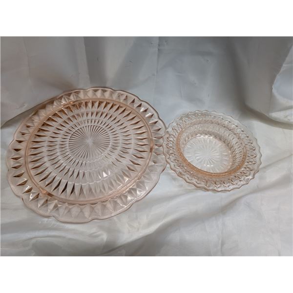 (2) Vintage Pink Depression Glass (Round Bowl and Tray)