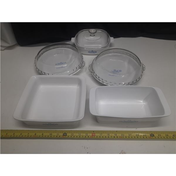 Vintage Corning Ware Blue Cornflower( 2)  9" Pie Plate, (1) Suger Cake Dish, (1) Loaf Pan, (1) Casse