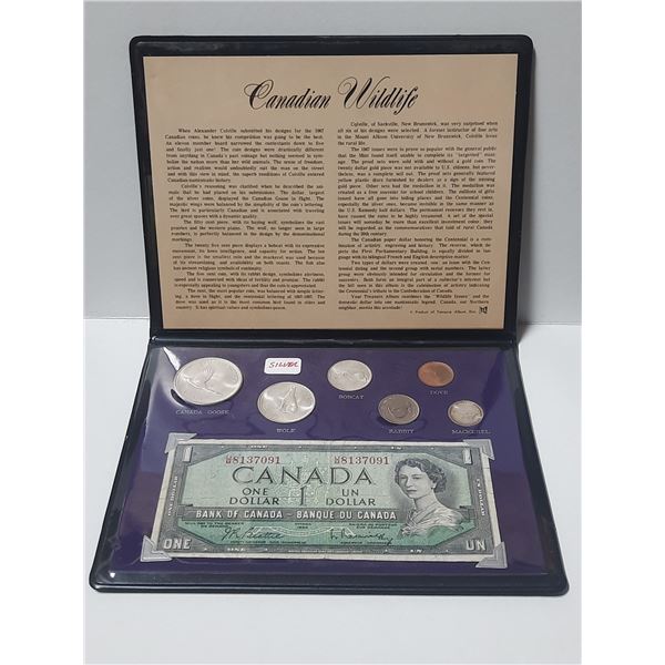 1967 Canadian Centennial Silver Coin Set and 1954 Canadian One Dollar Banknote.