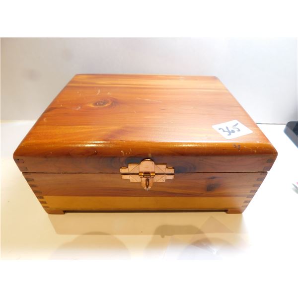 365.  TOUNGE AND GROOVE WOODEN BOX WITH CONTENTS