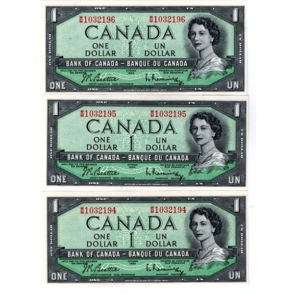 376.  3 CONSECUTIVE SERIAL NUMBER, 1954, ONE DOLLAR NOTES, UNCIRCULATED
