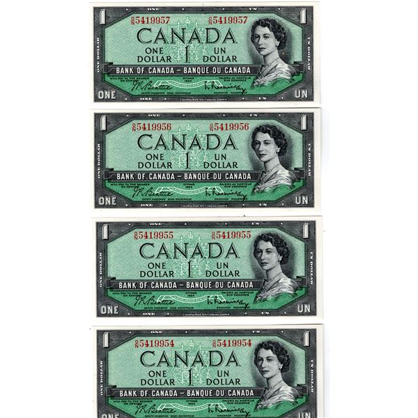 377.  4 CONSECUTIVE SERIAL NUMBER, 1954, ONE DOLLAR NOTES, UNCIRCULATED