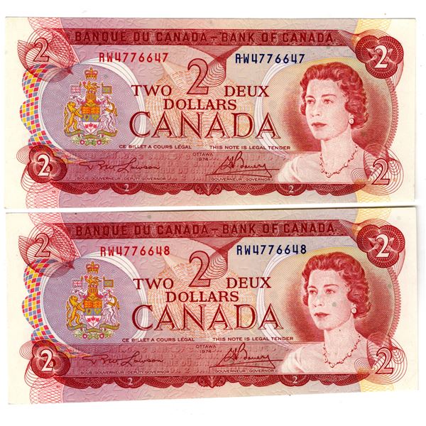 378.  2-1974 TWO DOLLAR BILLS, CONSECUTIVE SERIAL NUMBERS, UNCIRCULATED