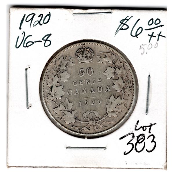 383.  1920 SMALL 0 FIFTY CENTS, GEORGE V
