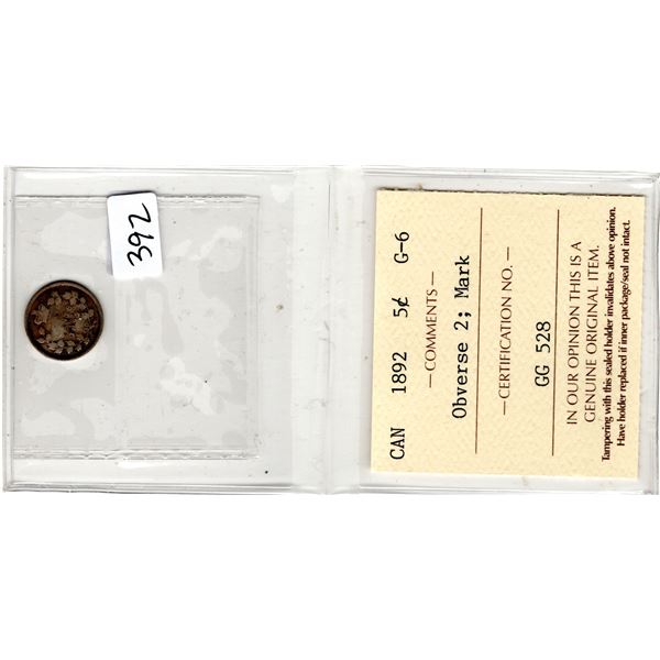 392.  ICCS 1892 FIVE CENT OBVERSE 2 MARK G-6