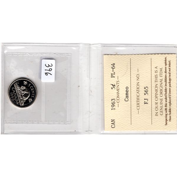 396.  ICCS 1963 FIVE CENT PL-64 CAMEO