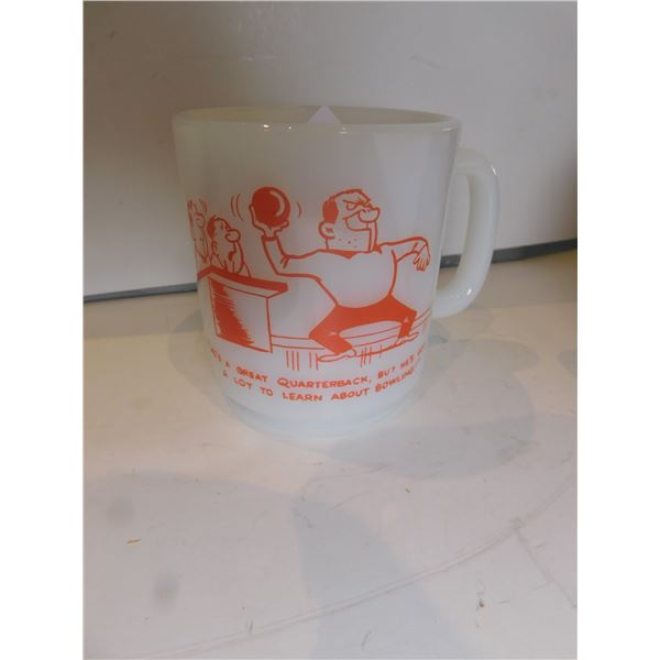 436.  GLASBAKE BOWLEING THEMED, MILK GLASS D-HANDLED MUG