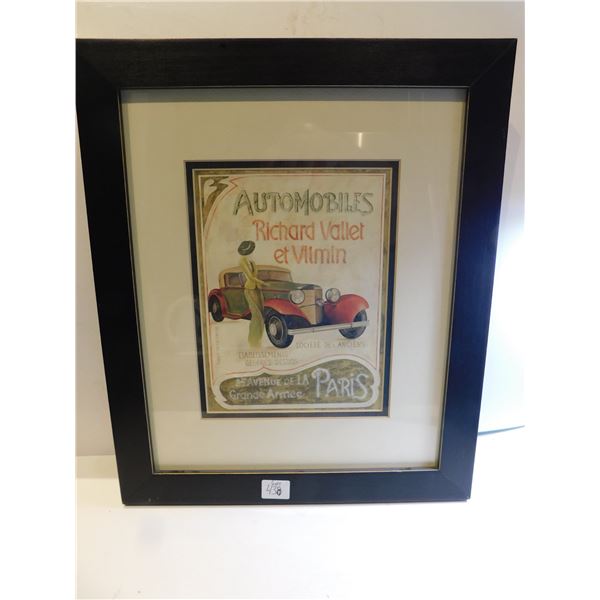 438.  ART IN MOTION, FABRICE DE VILLENEUVE FRAMED VEHICLE PICTURE, 13” X 15”