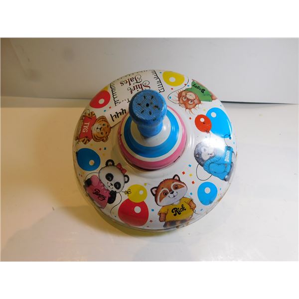 444.  OHIO ART TIN SPINNING TOY TOP, 1982 SHIRT TALES