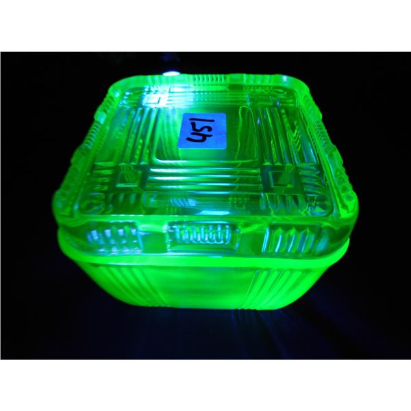 451.  URANIUM GLASS REFRIGERATOR DISH, BEAUTIFUL GLOW