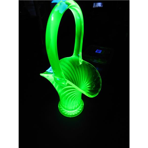 452.  URANIUM GLASS BASKET VASE, LOVELY GLOW