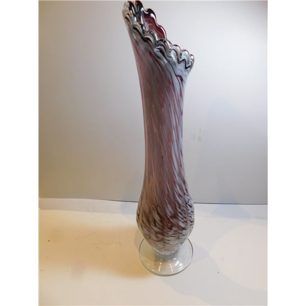 454.  13” ART GLASS VASE, MAUCVE AND WHITE