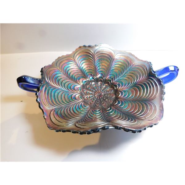 458.  TWO HANDLE FENTON COBALT BLUE PEACOCK CANDHY DISH