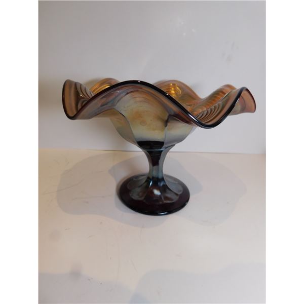 459.  FENTON PEDESTAL FLUTED AMETHYST PEACOCK CANDY DISH