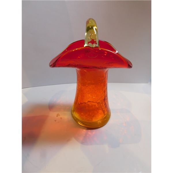 475.  CRACKLE GLASS ORANGE BASKET VASE