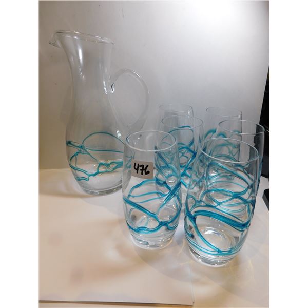 476.  PITCHER AND SIX GLASSES, INTERTWINED BLUE RAISED GLASS EMBELLISHMENT