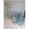 Image 2 : 476.  PITCHER AND SIX GLASSES, INTERTWINED BLUE RAISED GLASS EMBELLISHMENT