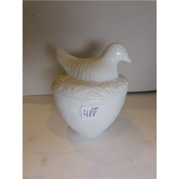 488.  AVON, DOVE ON NEST, MILK GLASS CONTAINER