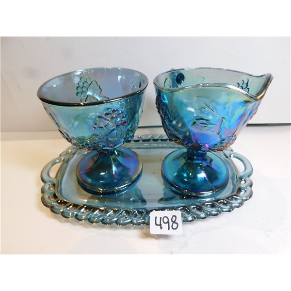 498.  BLUE DEPRESSION GLASS CREAM, SUGAR AND TRAY, GRAPE PATTERNED