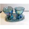 Image 2 : 498.  BLUE DEPRESSION GLASS CREAM, SUGAR AND TRAY, GRAPE PATTERNED